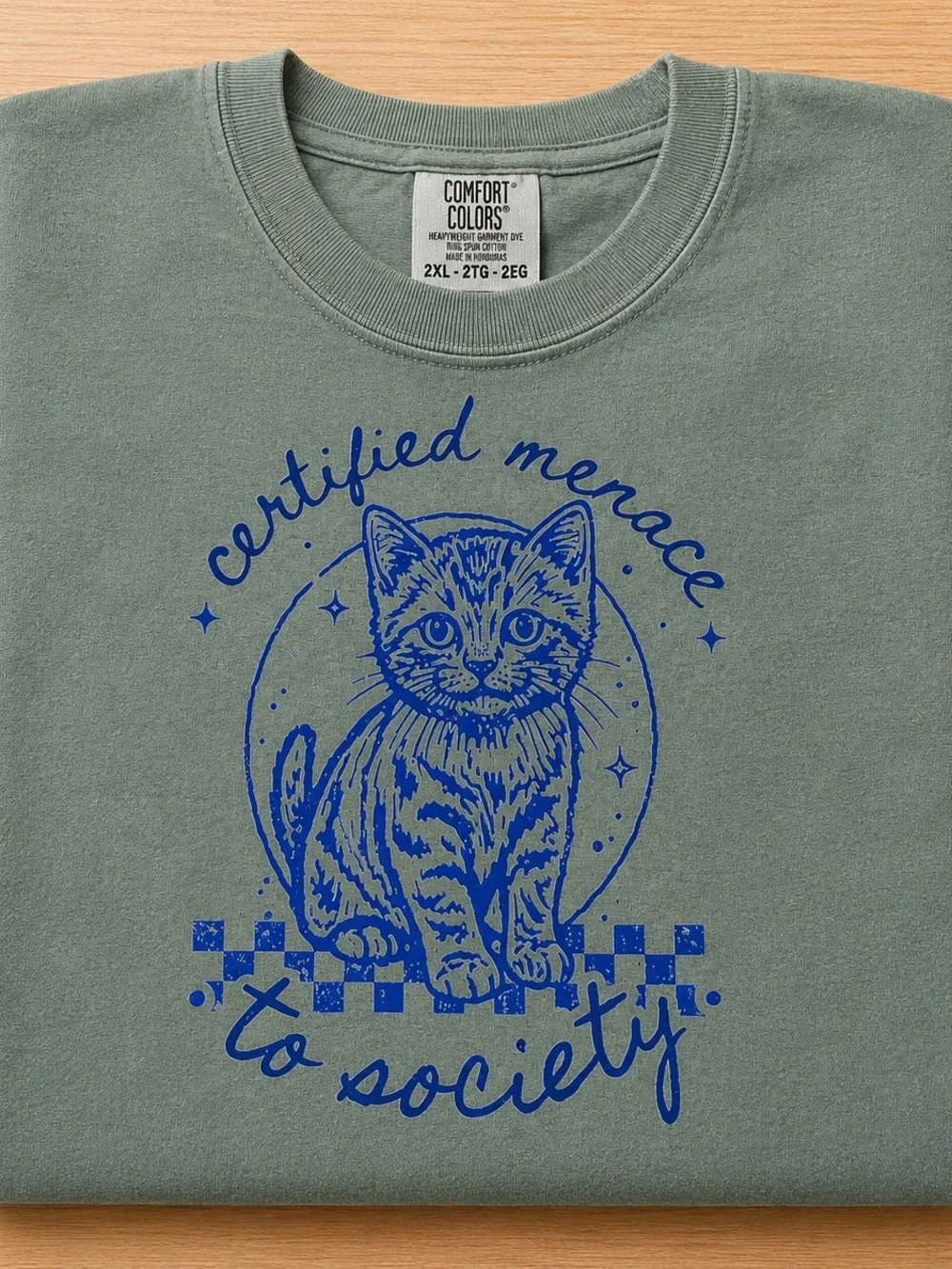 Medium Comfort Colors Sage Green Cat Tee with Blue Graphic